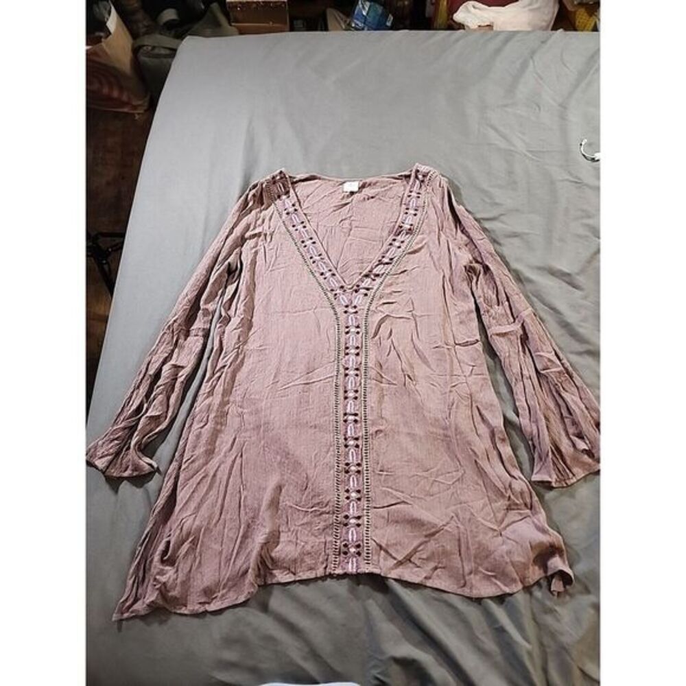Oneill Long Sleeve V Neck Purple Embroidered Front Tunic Top‎ Size Med
